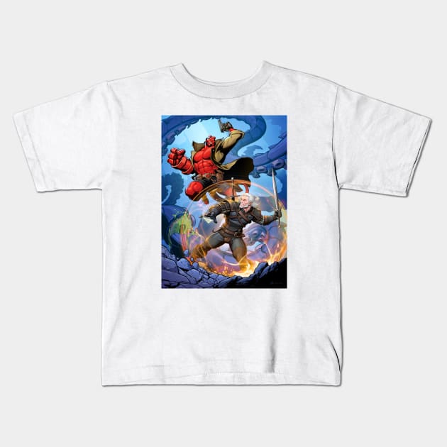 Witcher vs Hellboy (Final) Kids T-Shirt by PatrickBrownArt